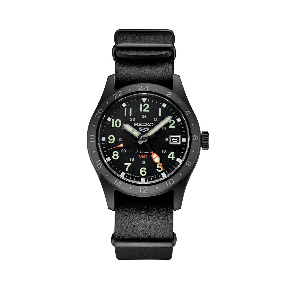 Seiko 5 Sports Field GMT 39.4mm - Black on Leather Strap
